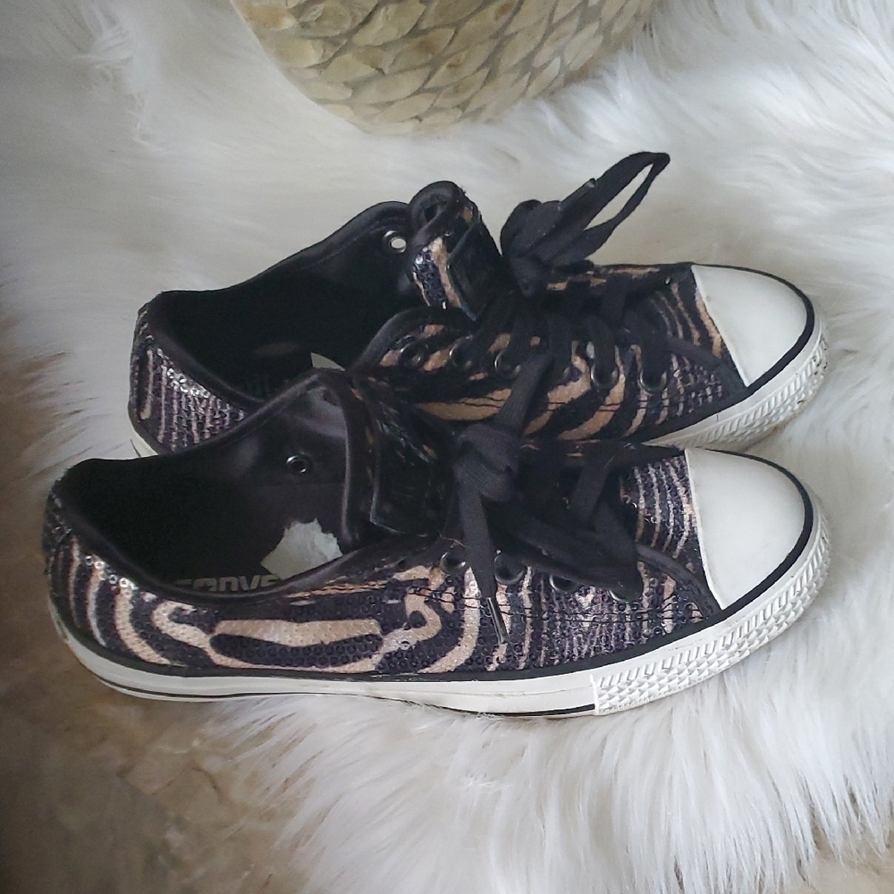 Converse Black and Tan Sequins Animal Print Sneakers Classic Low-Top Sz… - Picture 13 of 15